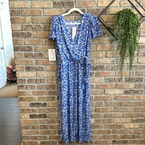 Gilli Blue and White Floral Wrap Jumpsuit